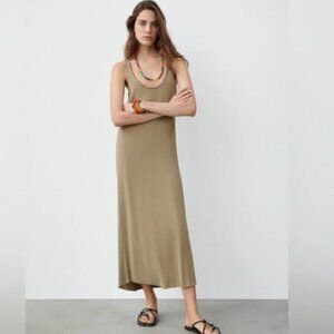 ZARA Taupe Sleeveless Knit Dress Size Large L Viscose Midi Maxi